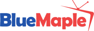 BlueMaple logo with blue and red text and a red maple leaf shaped like a TV antenna.