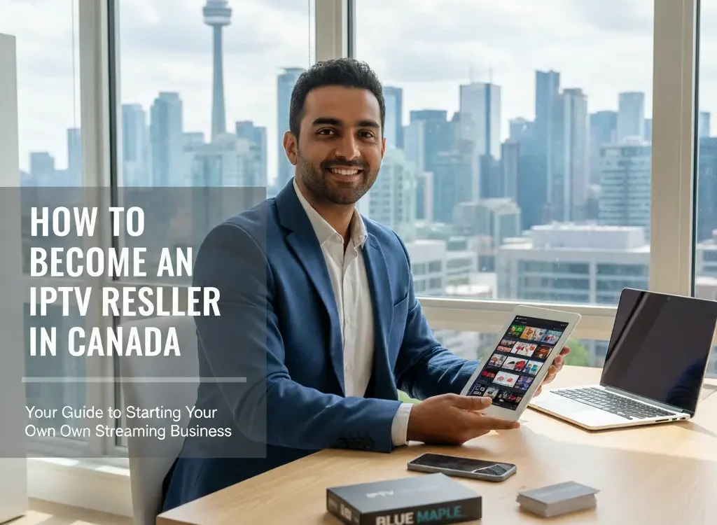 Businessman in Toronto office using tablet to manage IPTV reseller service with Blue Maple.