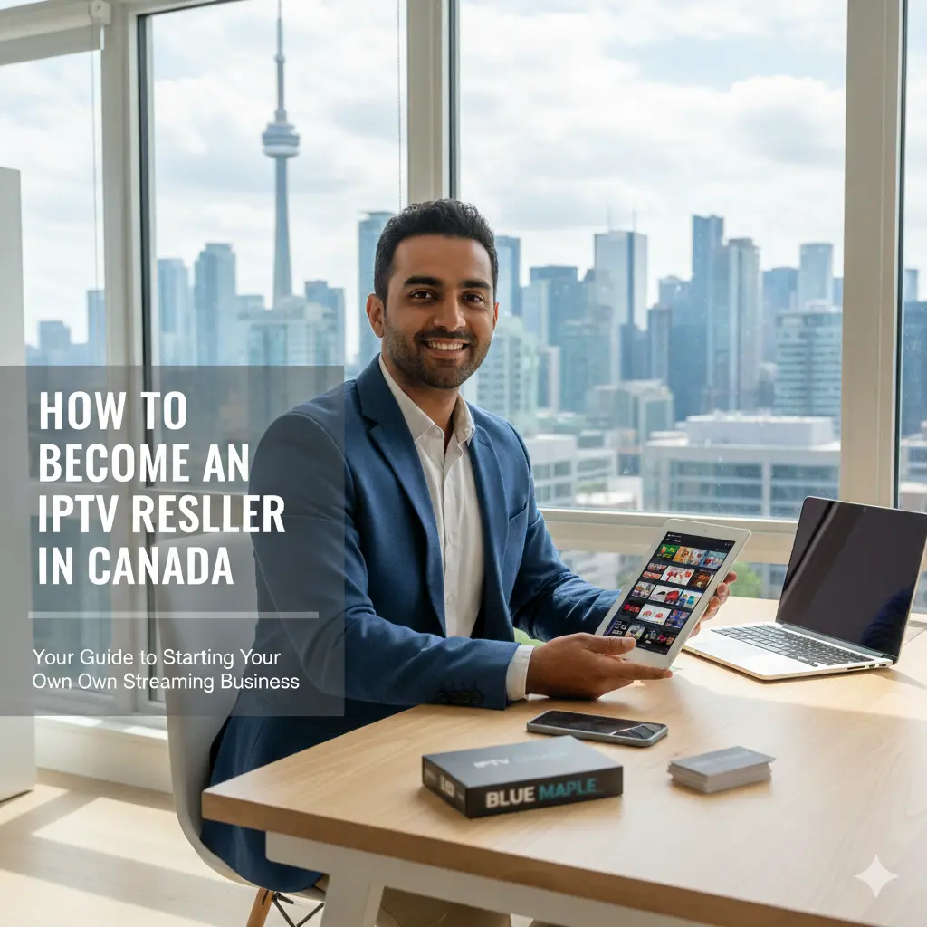 Businessman in Toronto office using tablet to manage IPTV reseller service with Blue Maple.